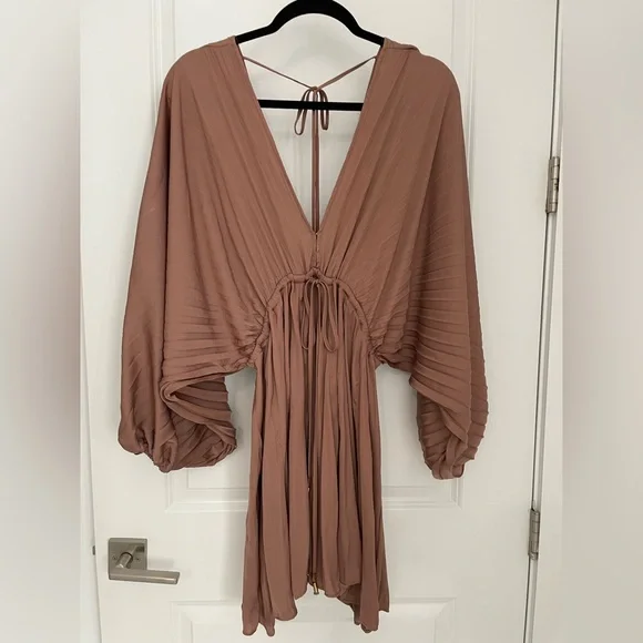 Free People Arzel Mini Dress Long Sleeve Cinnamon Size Small Pleated Boho.    11 - Picture 13 of 16